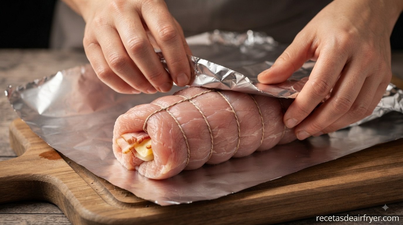 Solomillo de pavo relleno y cerrado, envuelto en papel de aluminio