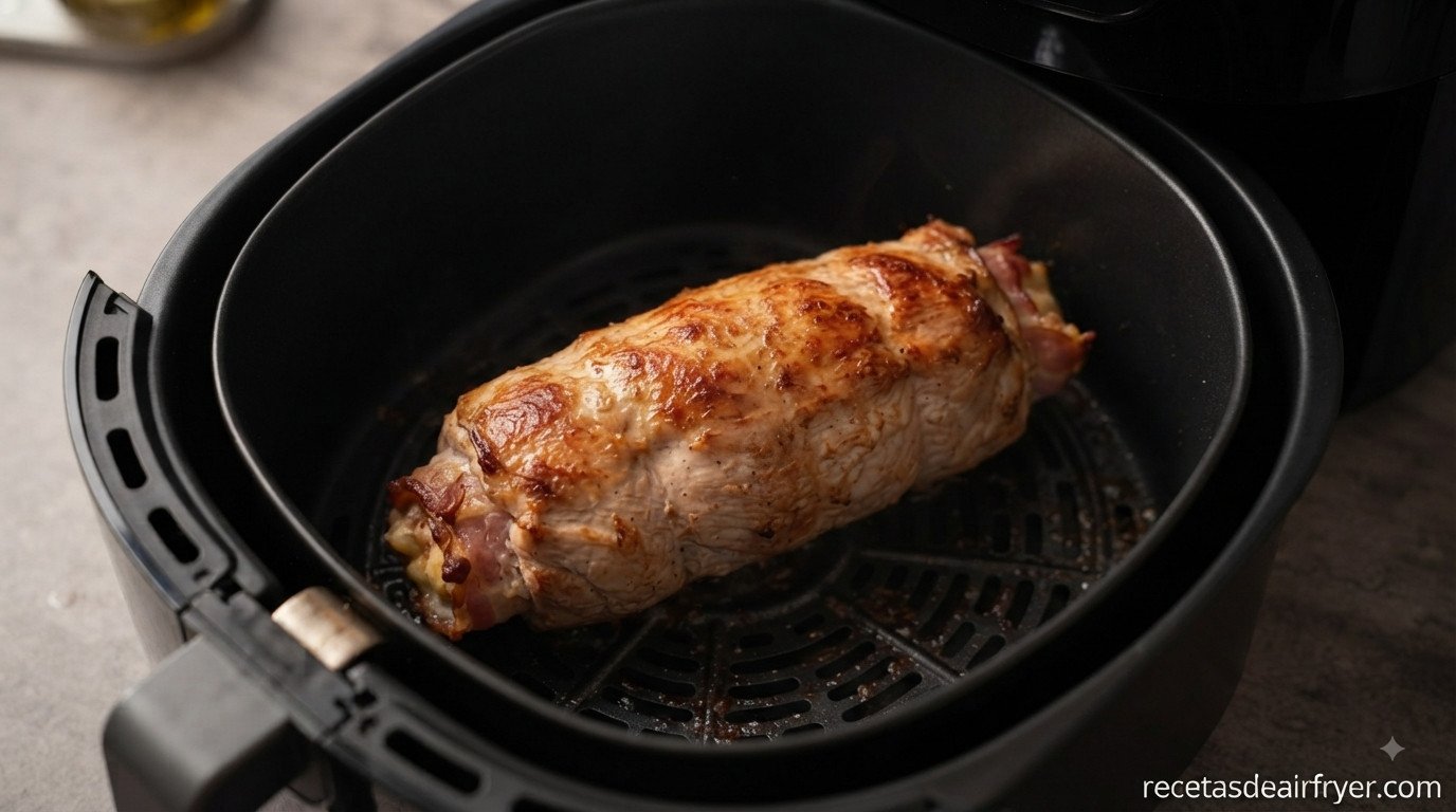 Solomillo de pavo sin papel de aluminio dorándose en la freidora de aire