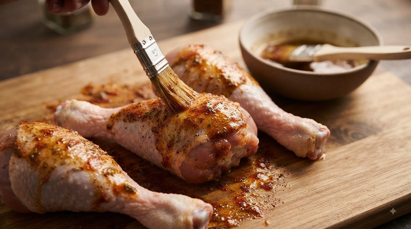 Muslos de pavo siendo untados con mantequilla de condimentos sobre una tabla de madera