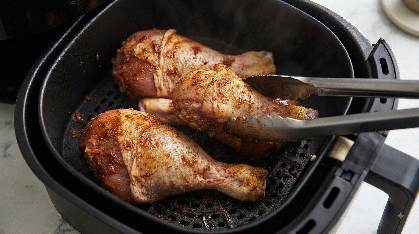 Muslos de pavo a mitad de cocción siendo volteados con la piel hacia arriba