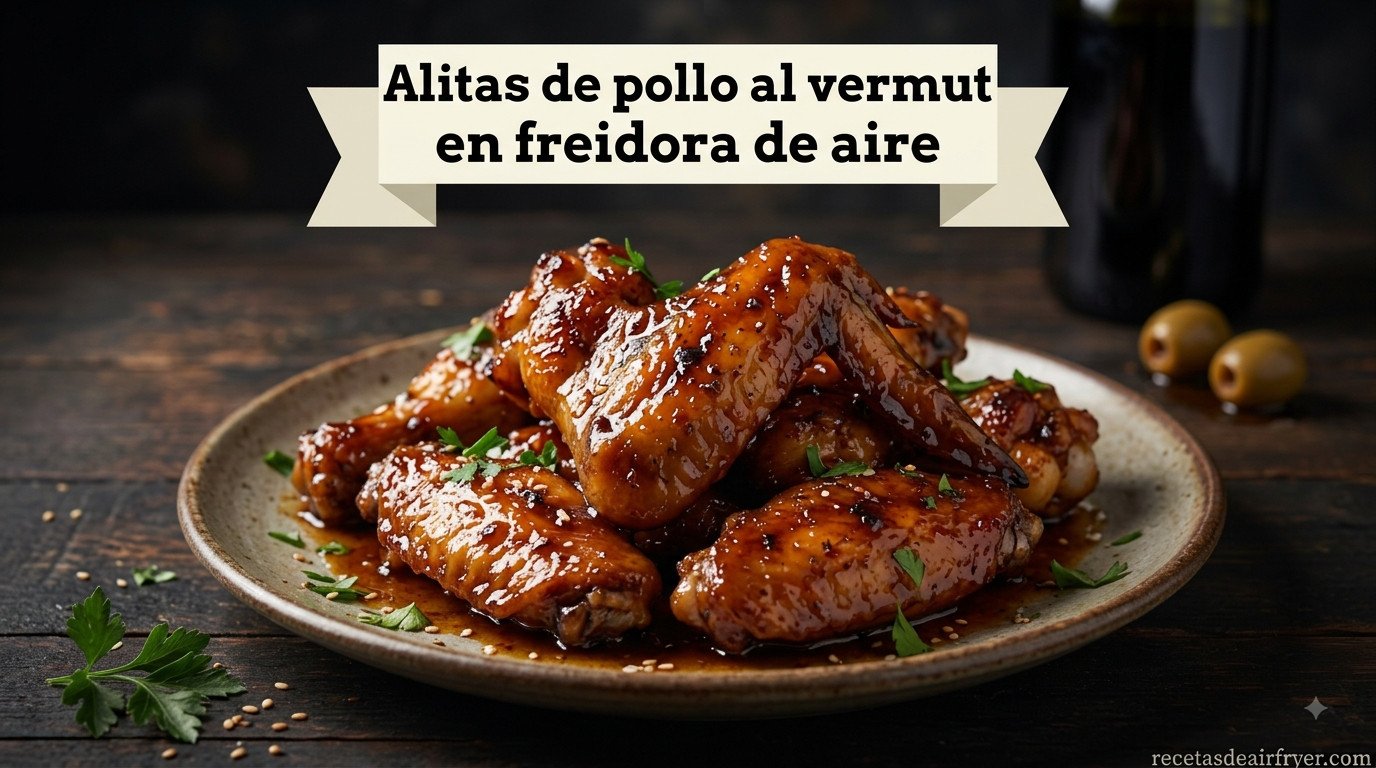 Alitas de pollo al vermut en freidora de aire, brillantes con la salsa