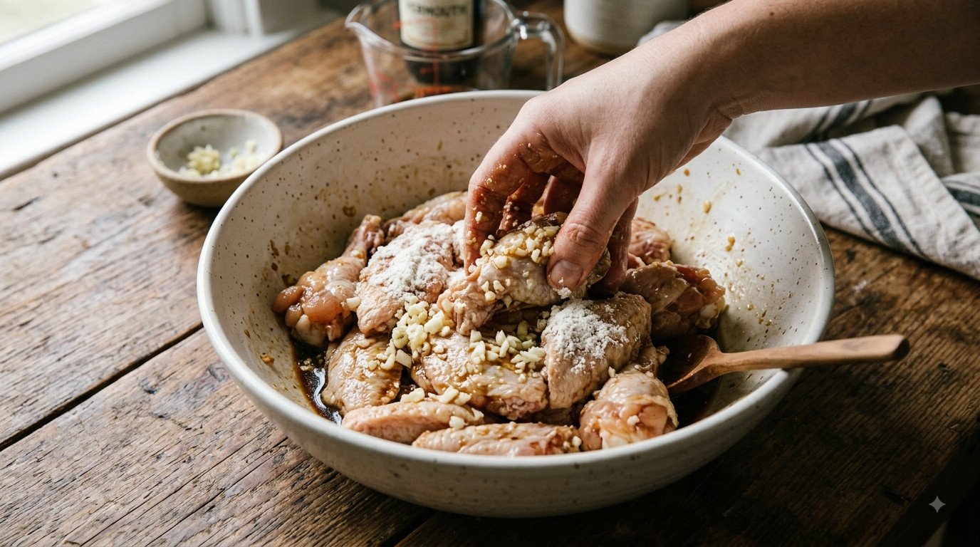 Alitas de pollo mezclándose con el marinado de vermut, ajo y harina en un bol