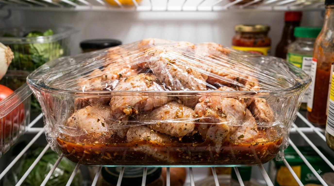 Alitas de pollo marinando cubiertas en un recipiente en la nevera