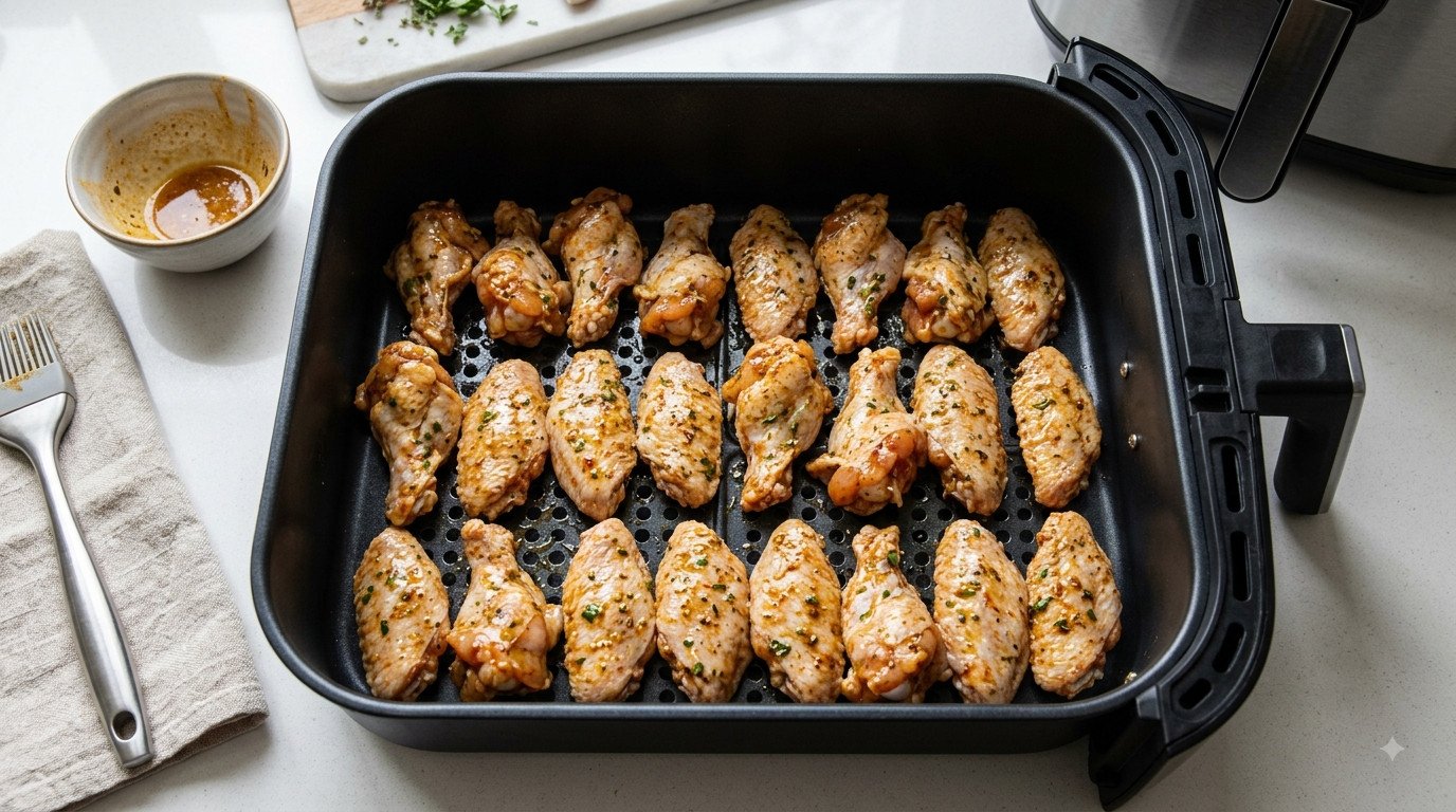 Alitas de pollo en la cesta de la freidora de aire sin amontonar