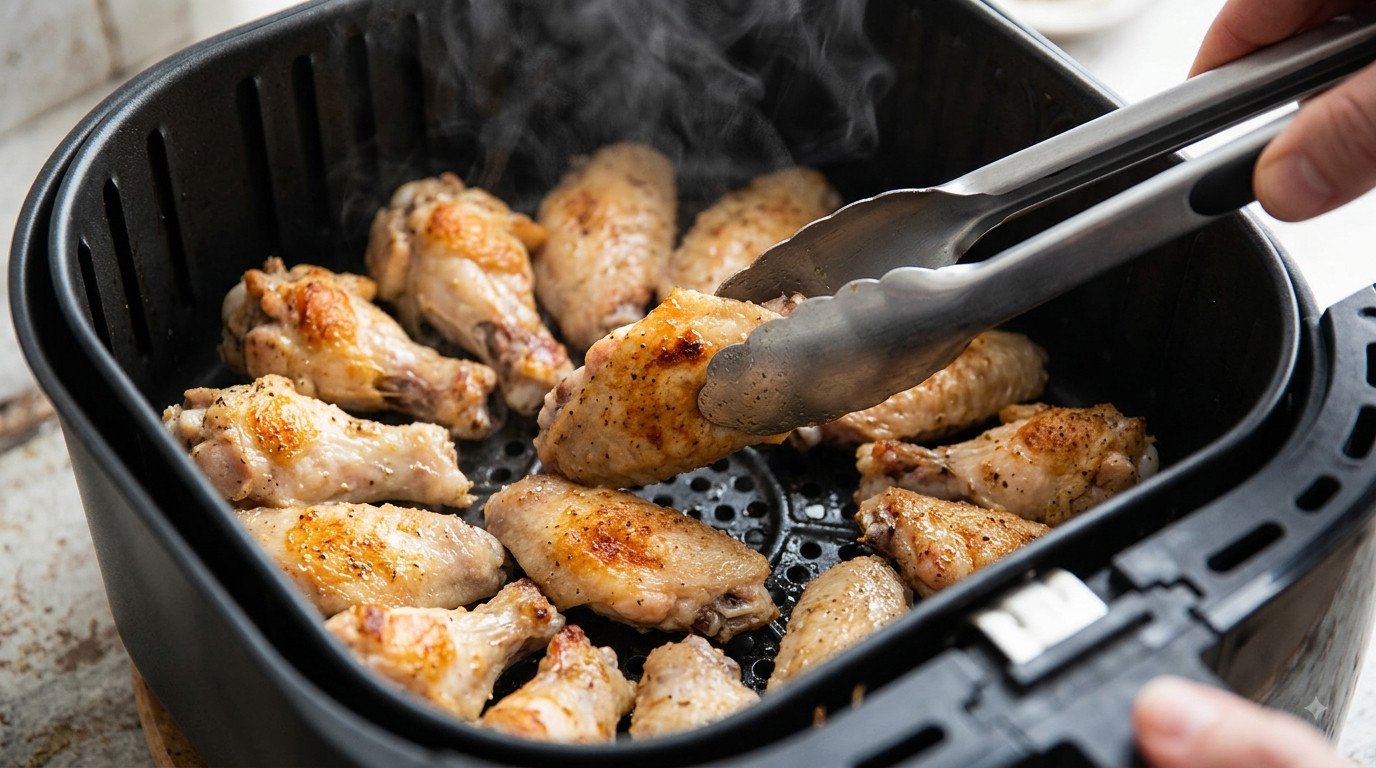 Alitas de pollo a mitad de cocción siendo volteadas con pinzas