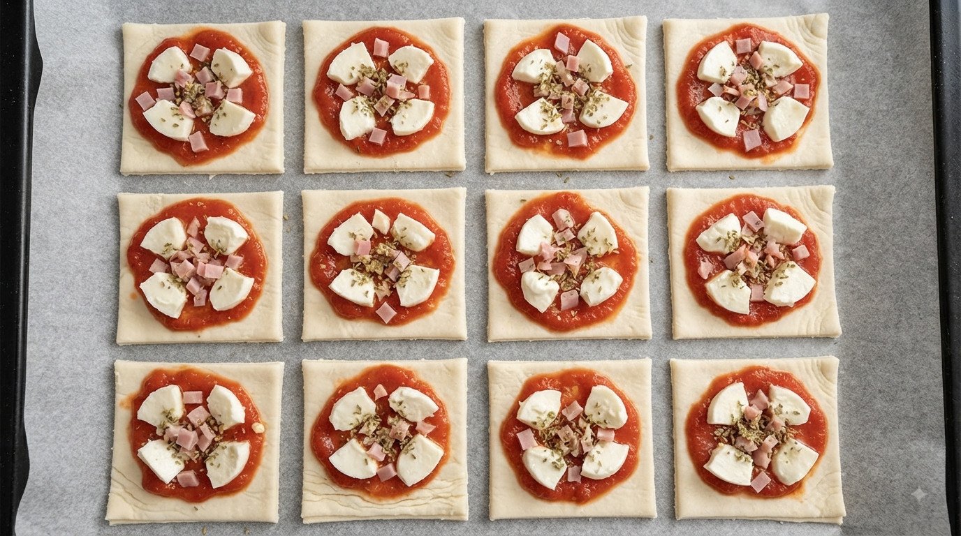 Piezas de hojaldre con tomate, mozzarella y toppings añadidos antes de cocinar