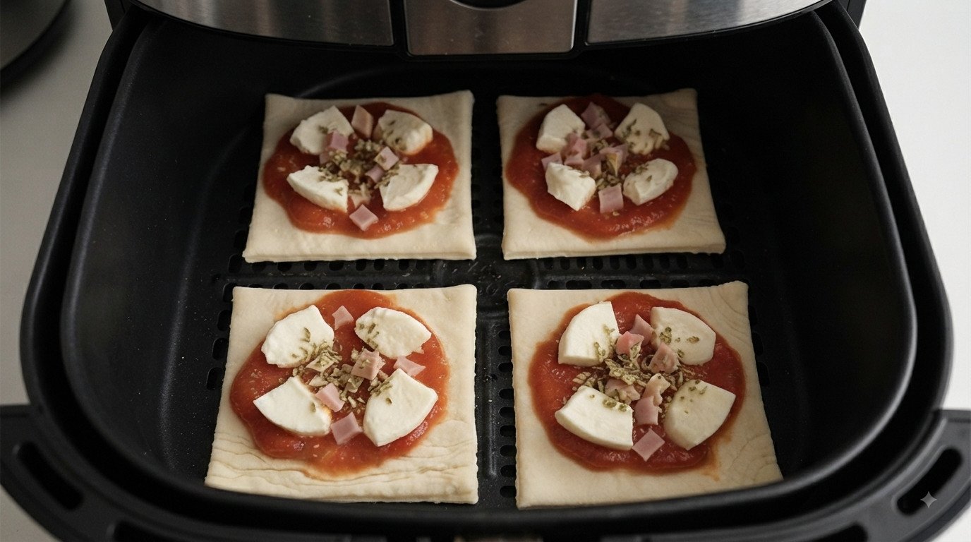 Piezas de pizza de hojaldre colocadas en la cesta de la freidora de aire