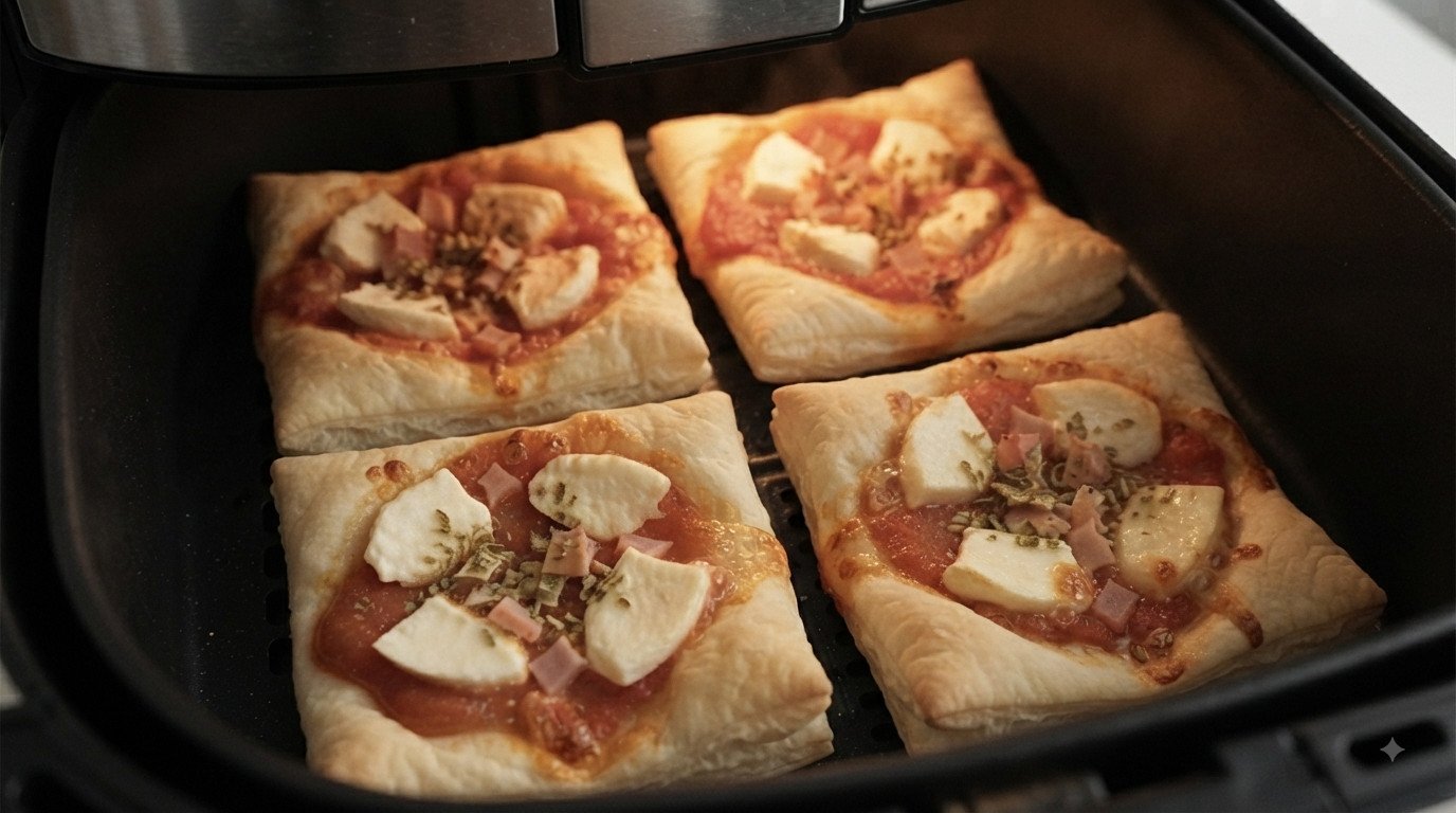 Pizza de hojaldre a mitad de cocción con el hojaldre empezando a dorarse