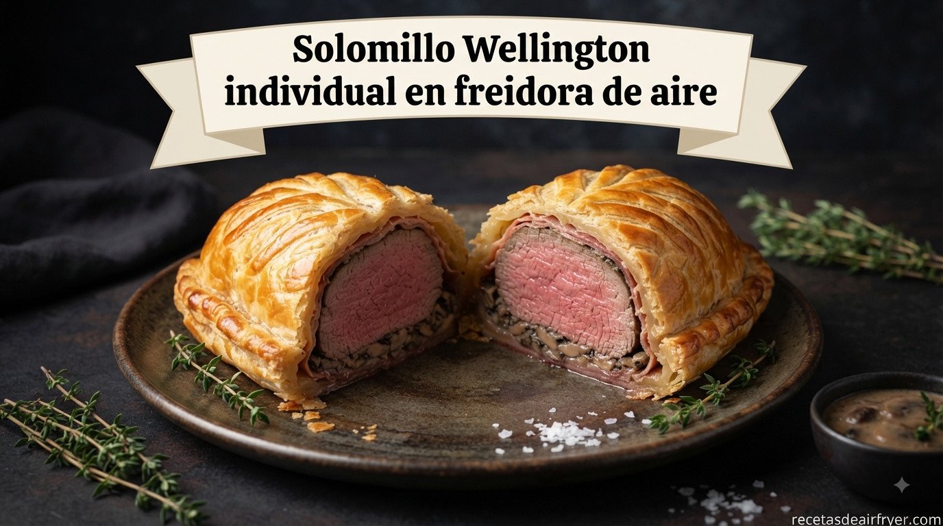 Solomillo Wellington individual en freidora de aire, dorado y con el interior jugoso