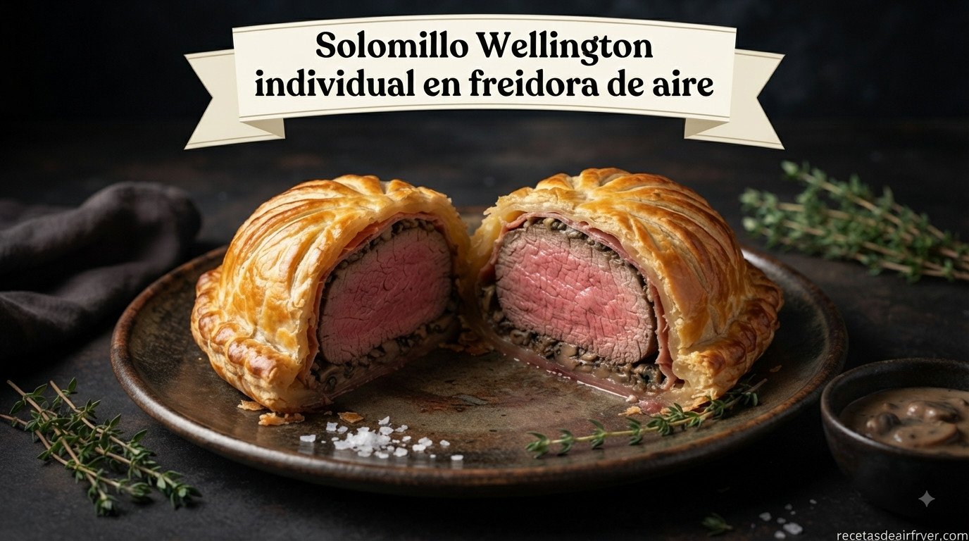 Solomillo Wellington individual recién cocinado con hojaldre dorado y crujiente