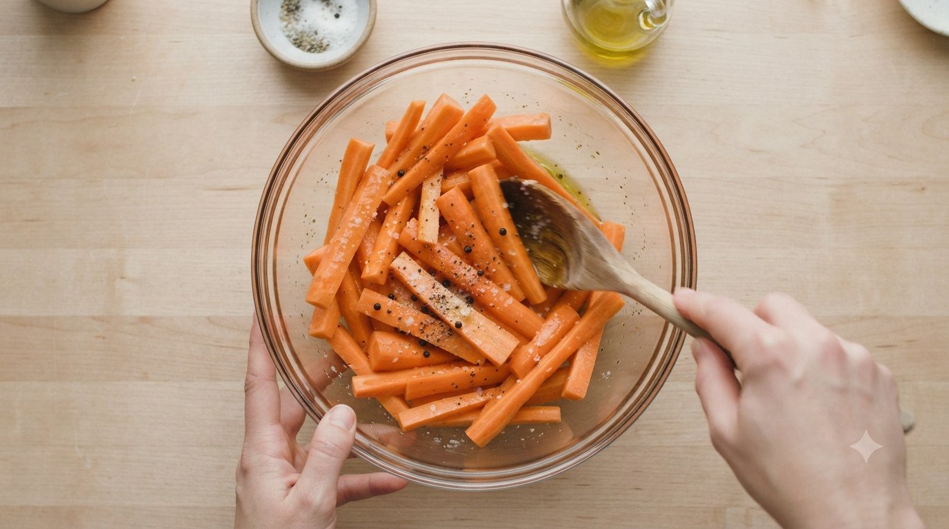 Zanahorias mezcladas con aceite de oliva sal y pimienta en un bol