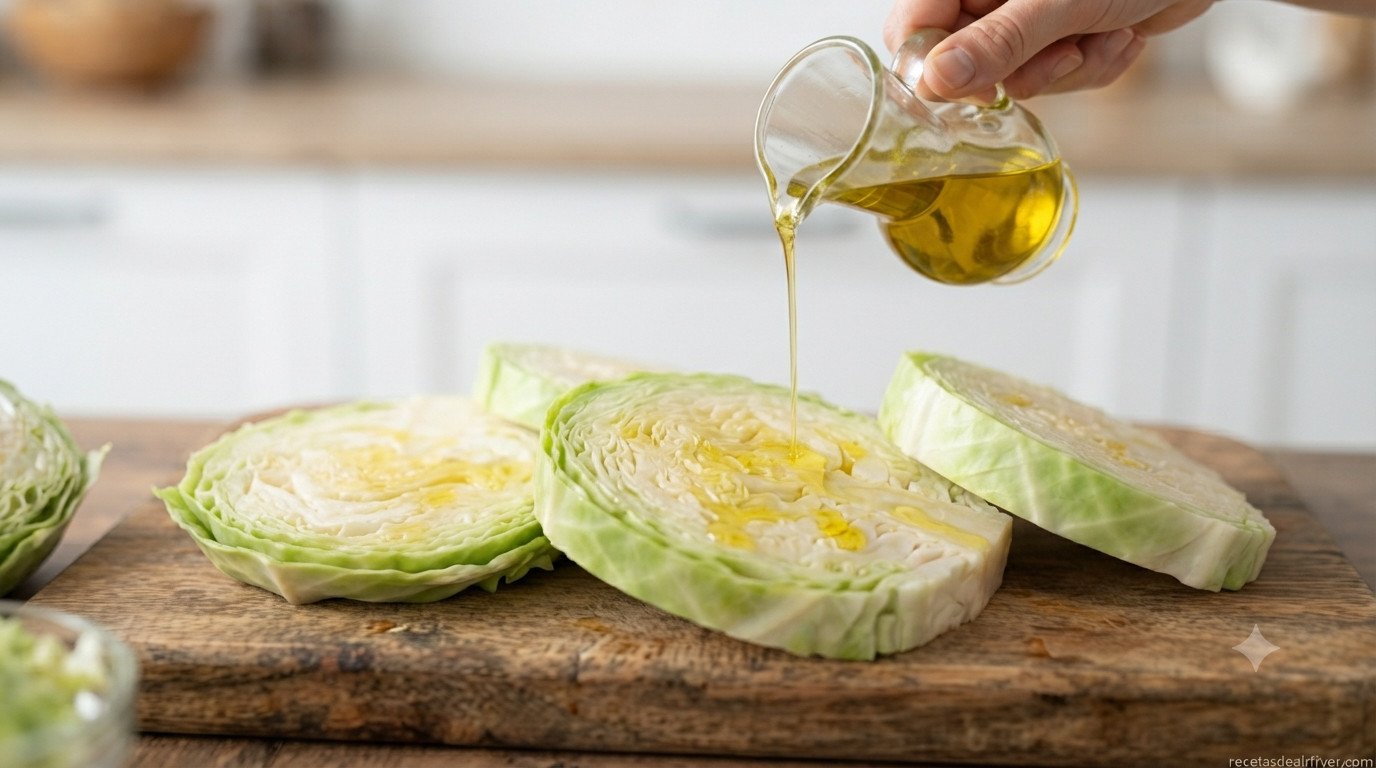 Filetes de repollo siendo rociados con aceite de oliva