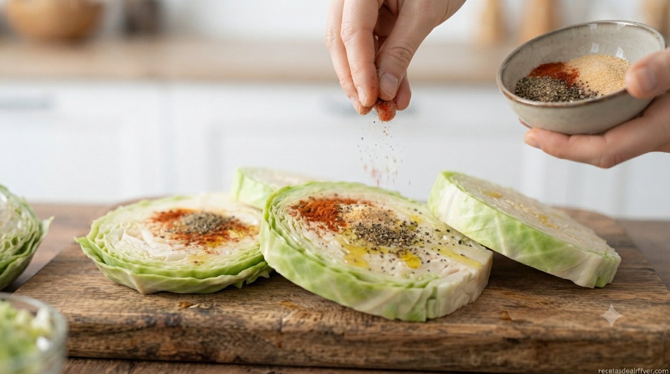 Filetes de repollo condimentados con pimentón y ajo en polvo