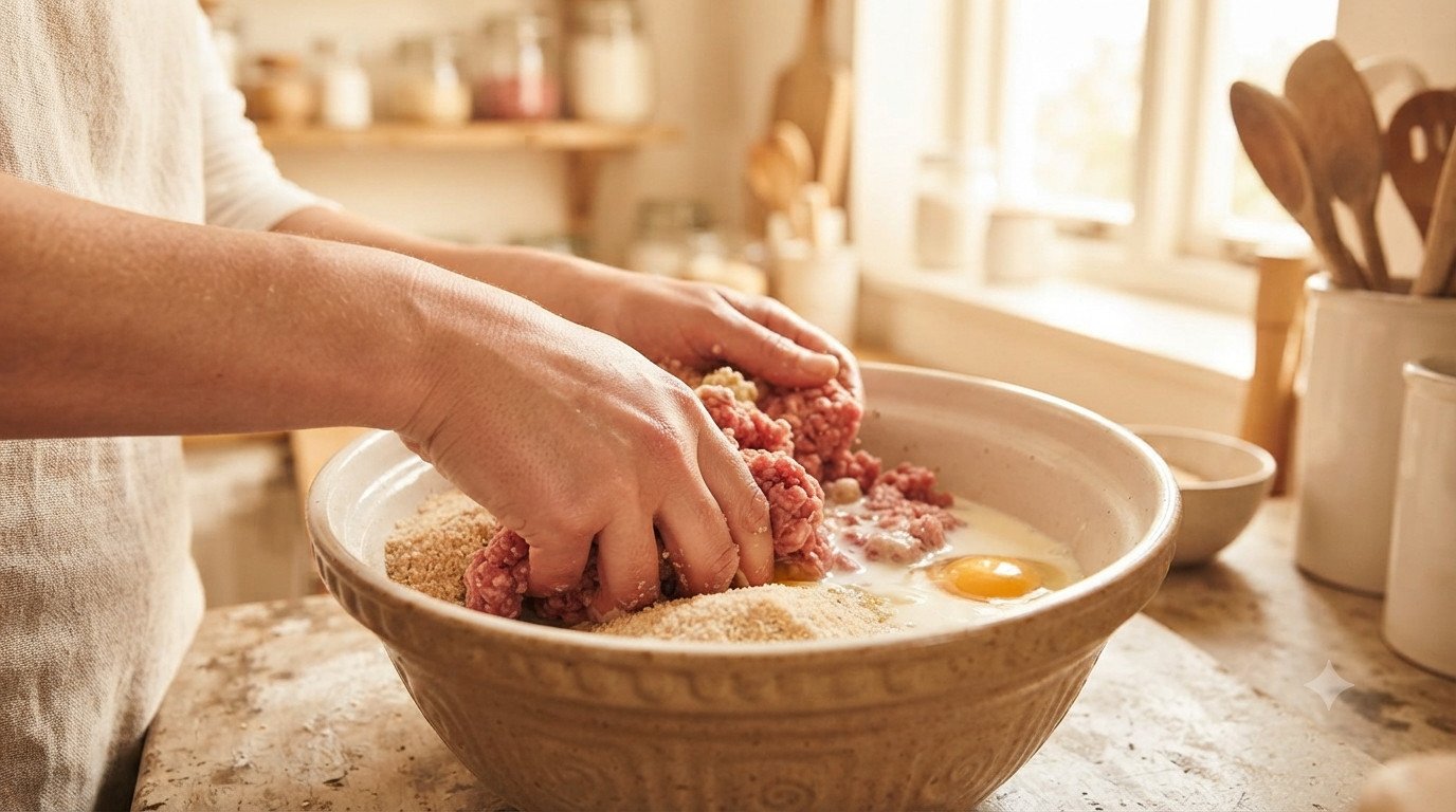 Carne picada pan rallado huevo y leche mezclados en un bol