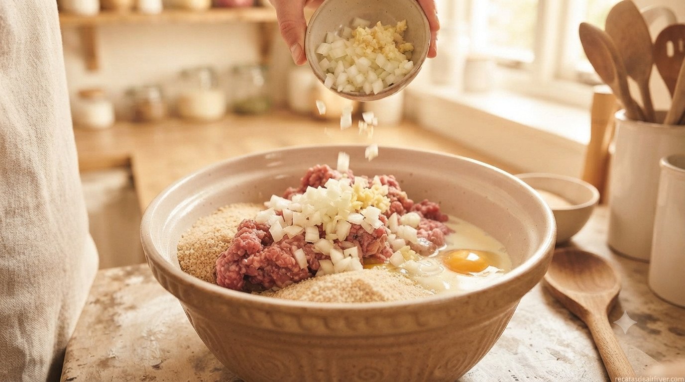 Cebolla y ajo picados añadidos a la mezcla de carne