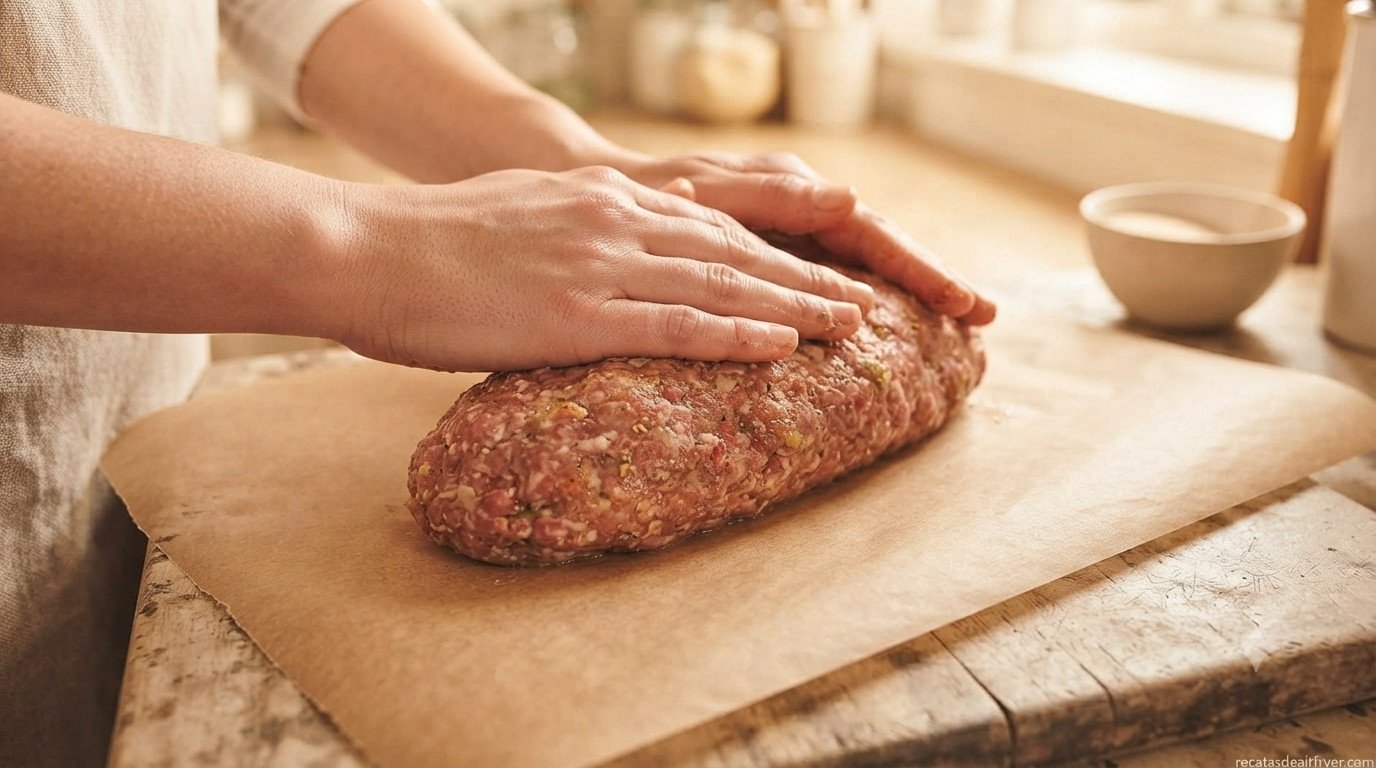 Mezcla de carne formada como pan alargado sobre papel de horno