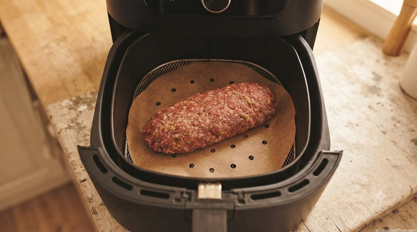 Pastel de carne crudo en la cesta de la freidora de aire sobre papel de horno