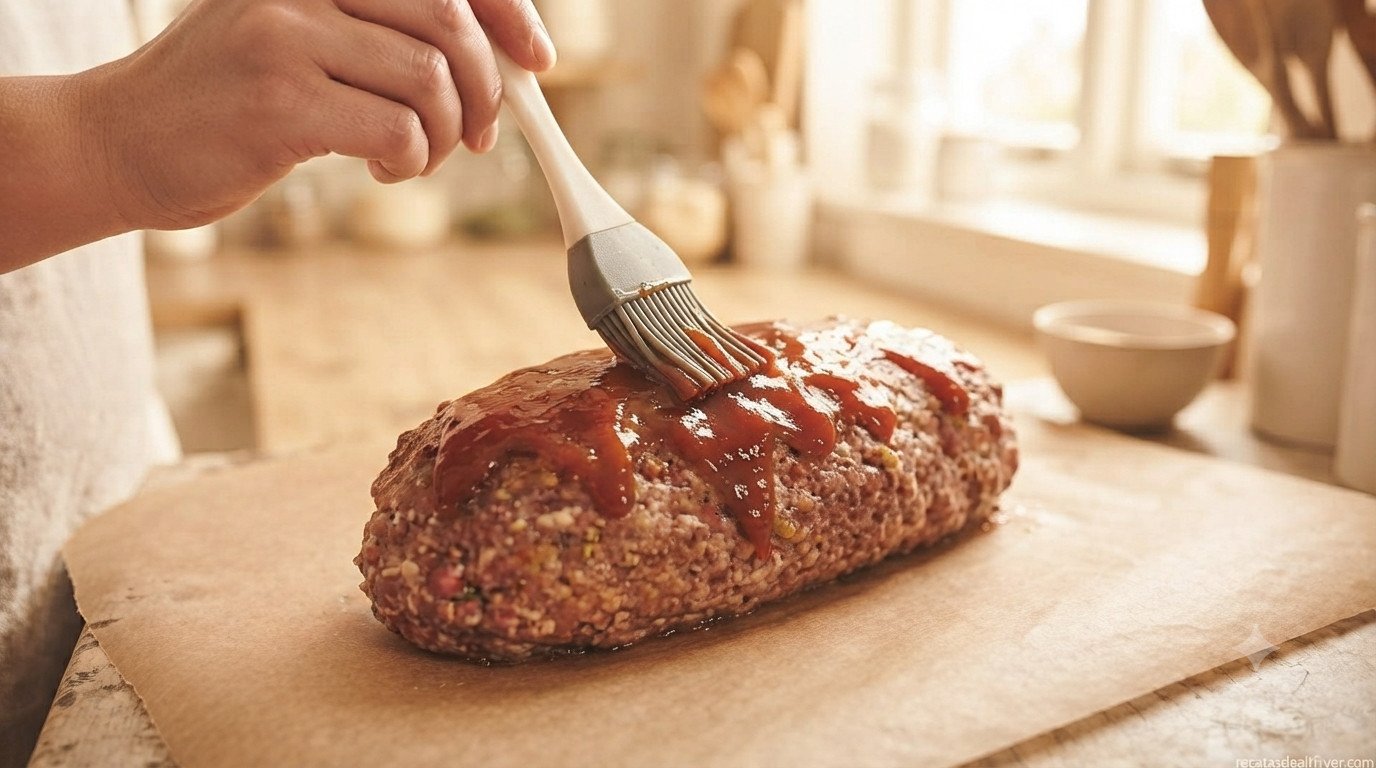 Pastel de carne glaseado con ketchup y mostaza recién cocinado