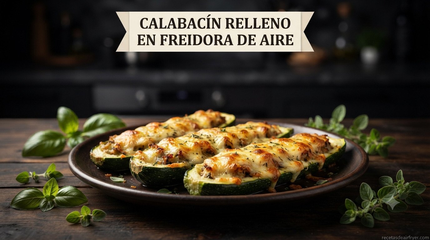 Calabacín relleno en freidora de aire gratinado con queso