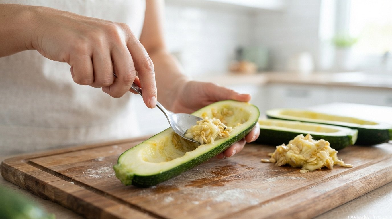 Calabacines cortados por la mitad y preparados para vaciar y rellenar