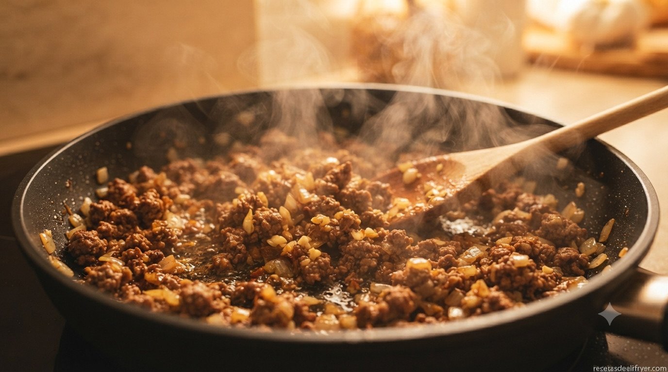 Sofrito de cebolla ajo y carne picada en una sartén