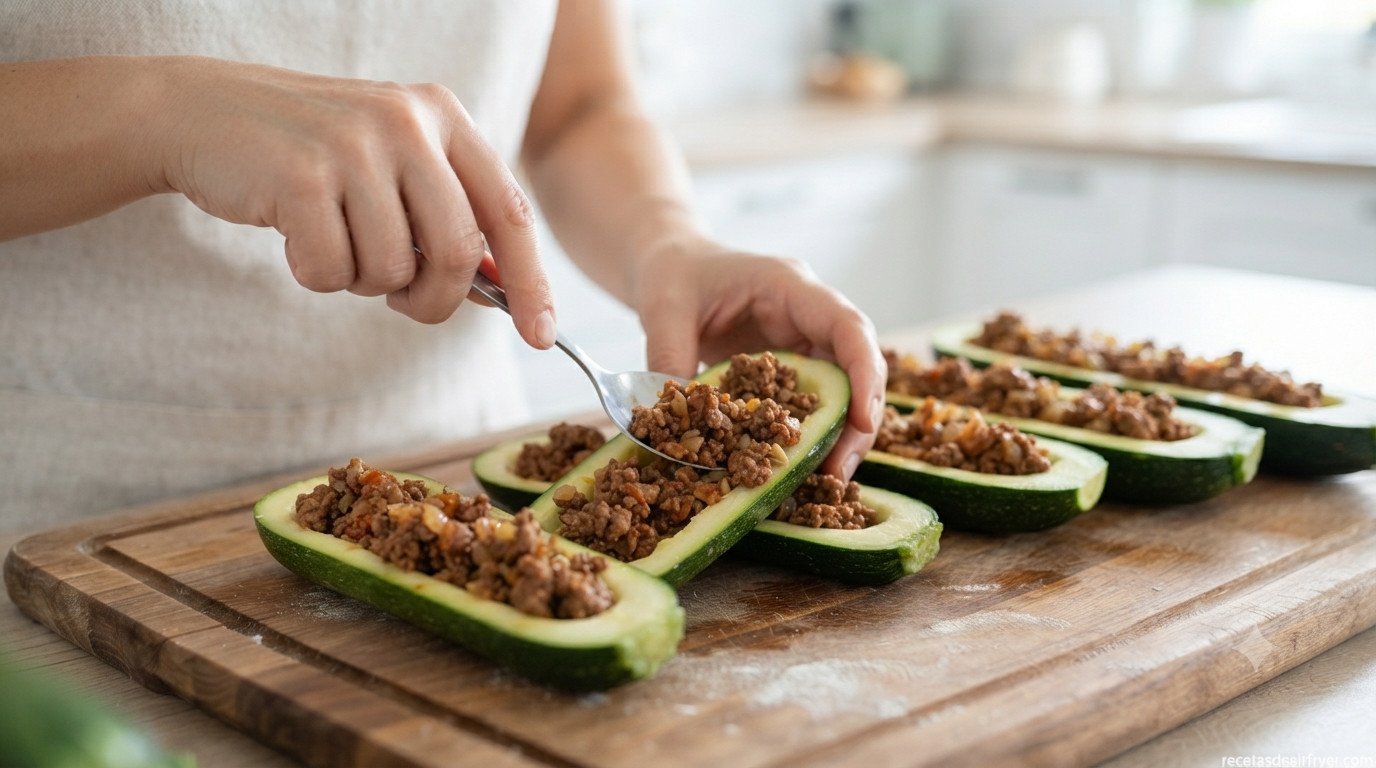 Mitades de calabacín siendo rellenadas con la mezcla de carne