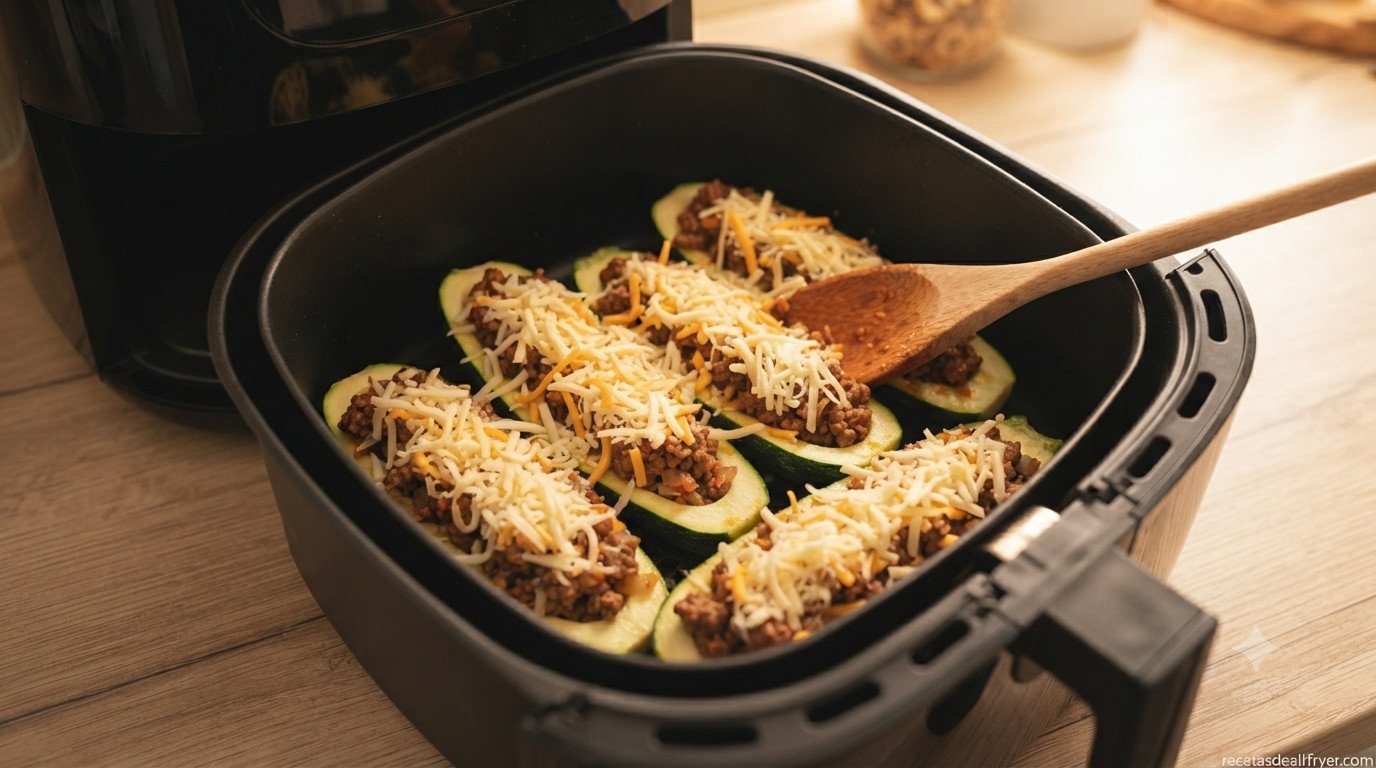 Calabacines rellenos con queso rallado en la cesta de la freidora de aire