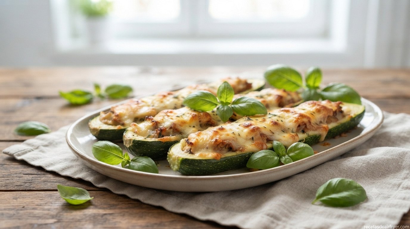 Calabacín relleno en freidora de aire gratinado listo para servir