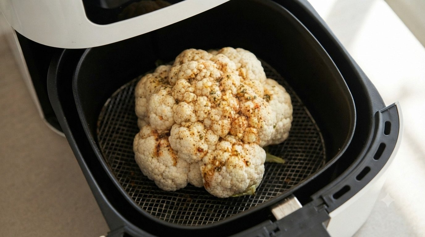 Coliflor entera condimentada en la cesta de la freidora de aire