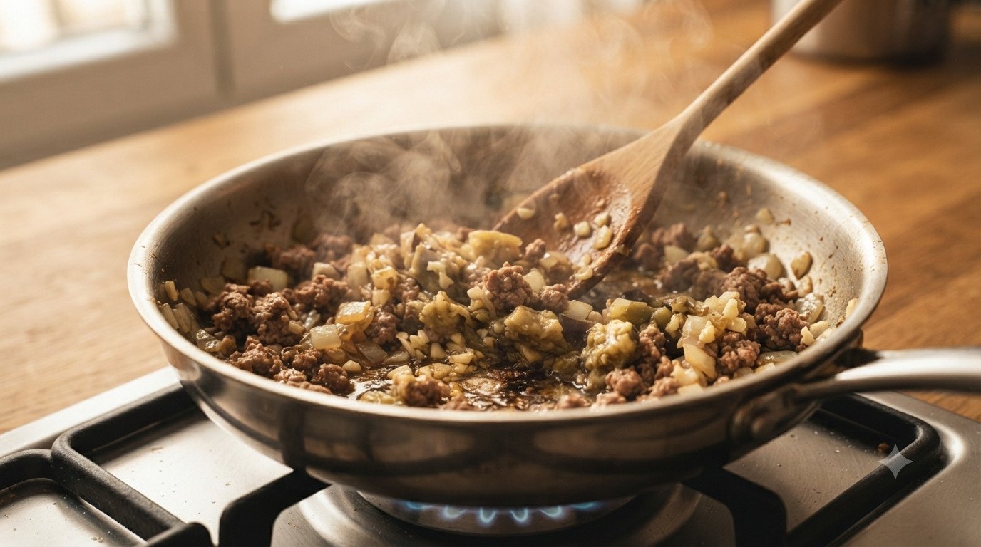 Sofrito de cebolla ajo carne picada y pulpa de berenjena en una sartén
