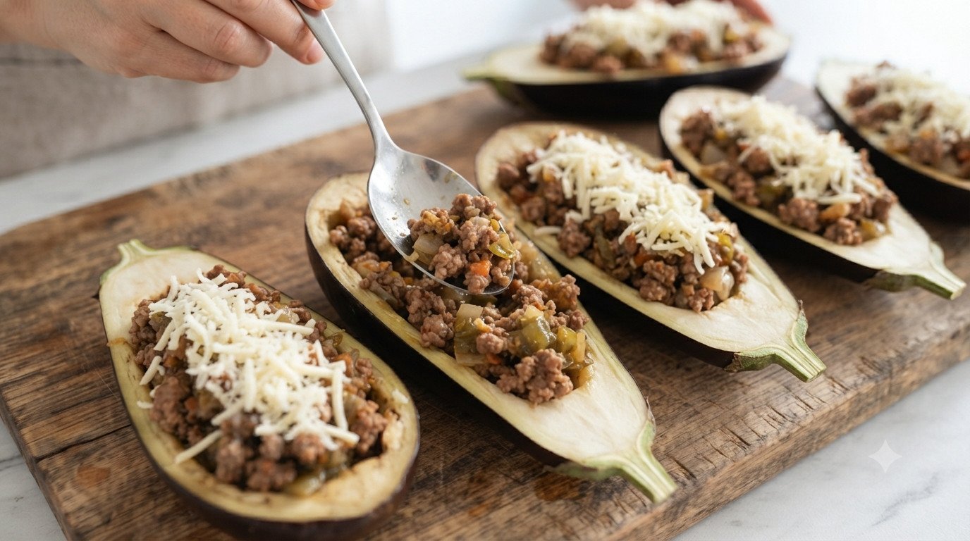 Mitades de berenjena rellenas de carne con queso mozzarella por encima