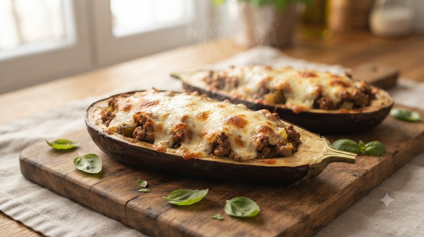 Berenjenas rellenas de carne gratinadas listas para servir