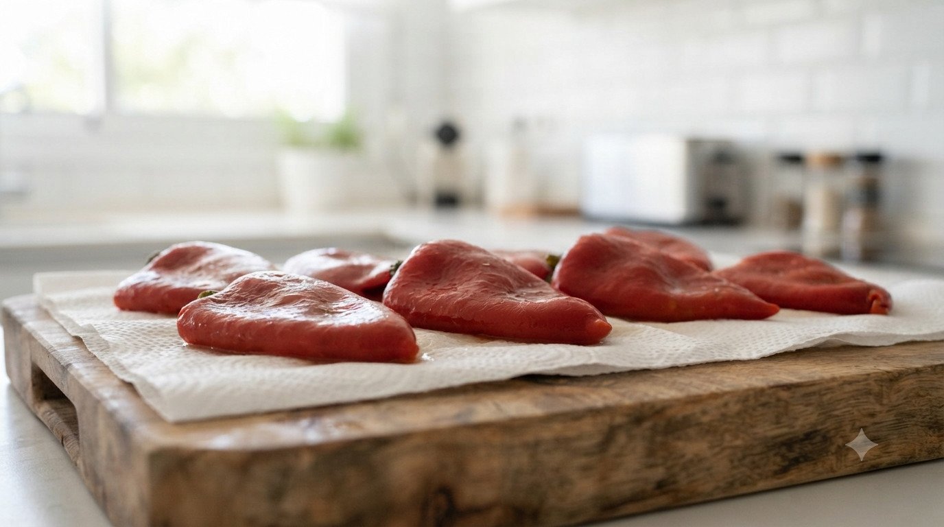Pimientos del piquillo escurriéndose sobre papel absorbente