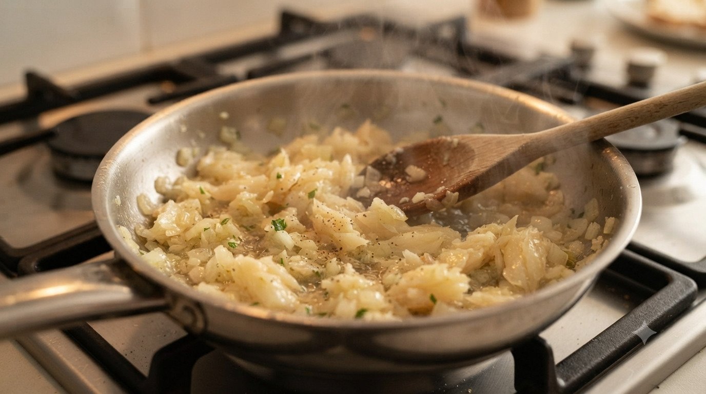 Bacalao desmigado y cebolla sofriéndose en una sartén