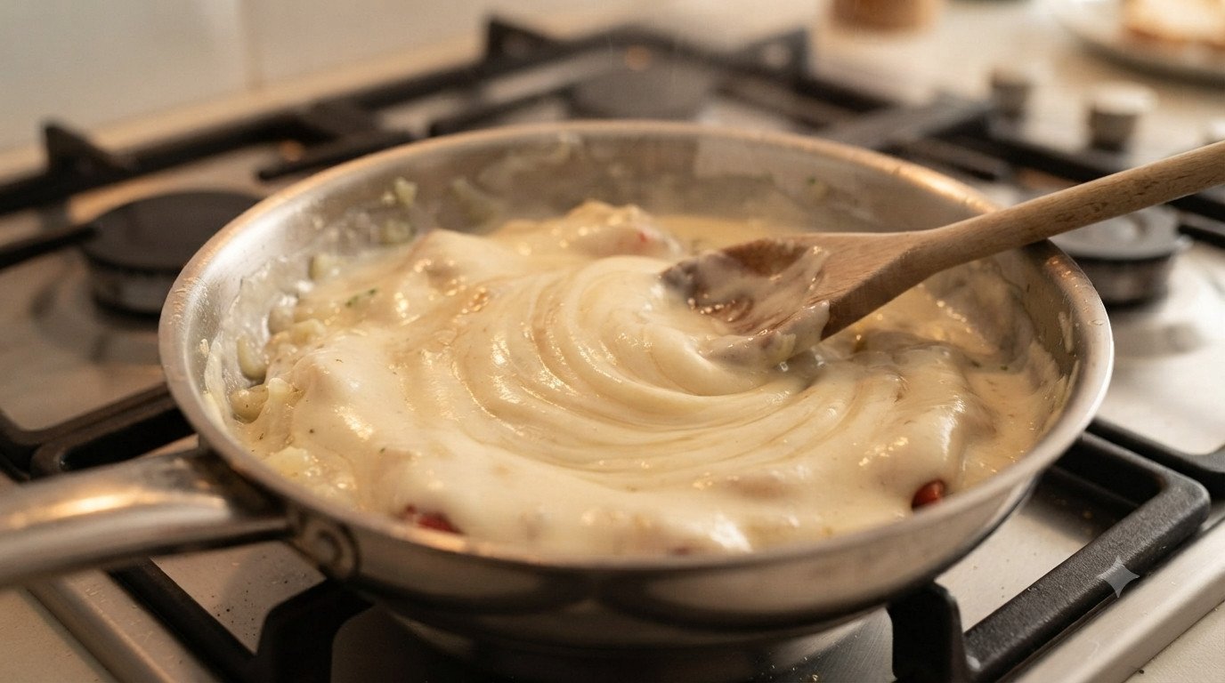 Bechamel espesa con bacalao siendo removida en la sartén