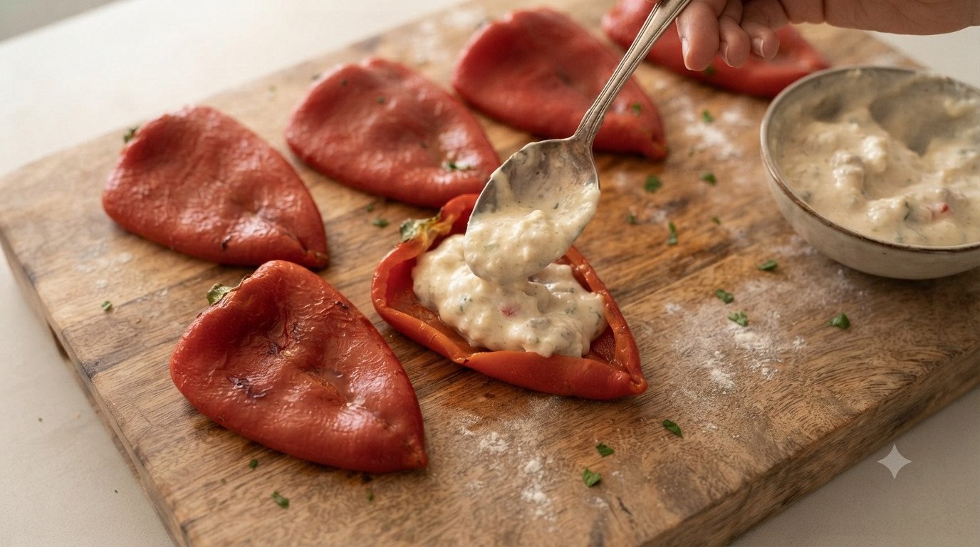 Pimientos del piquillo siendo rellenados con la mezcla de bacalao