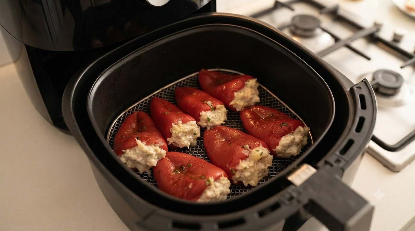 Pimientos del piquillo rellenos listos en la cesta de la freidora de aire
