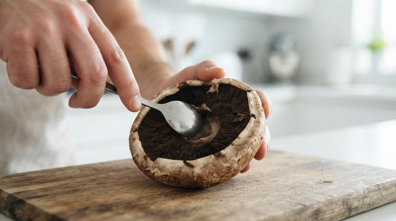 Raspando las láminas negras interiores de un champiñón Portobello con una cuchara