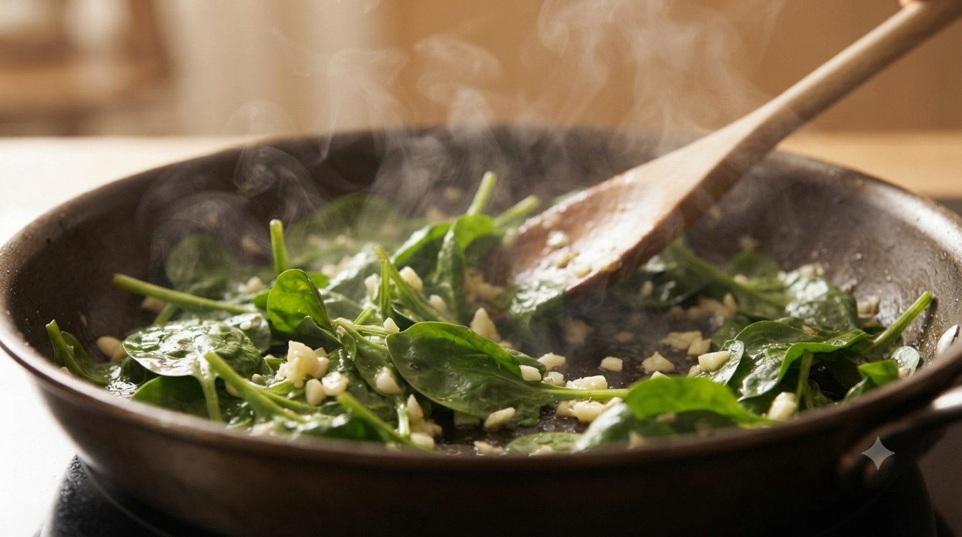 Ajo y espinacas frescas sofriéndose en una sartén