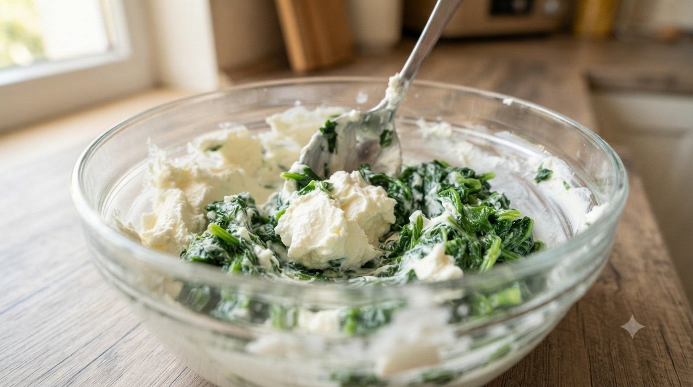 Queso crema y espinacas salteadas mezclándose en un bol