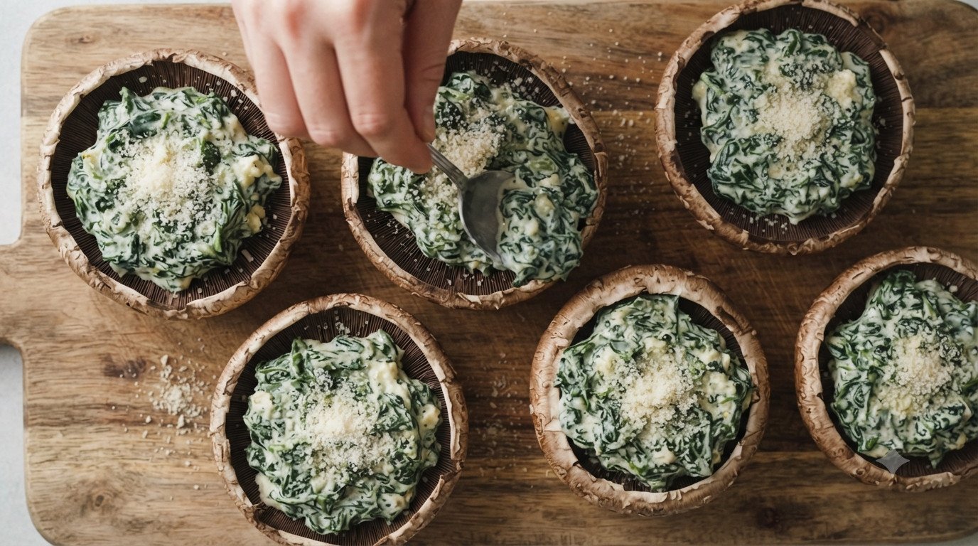 Champiñones Portobello rellenos con la mezcla cremosa y parmesano por encima
