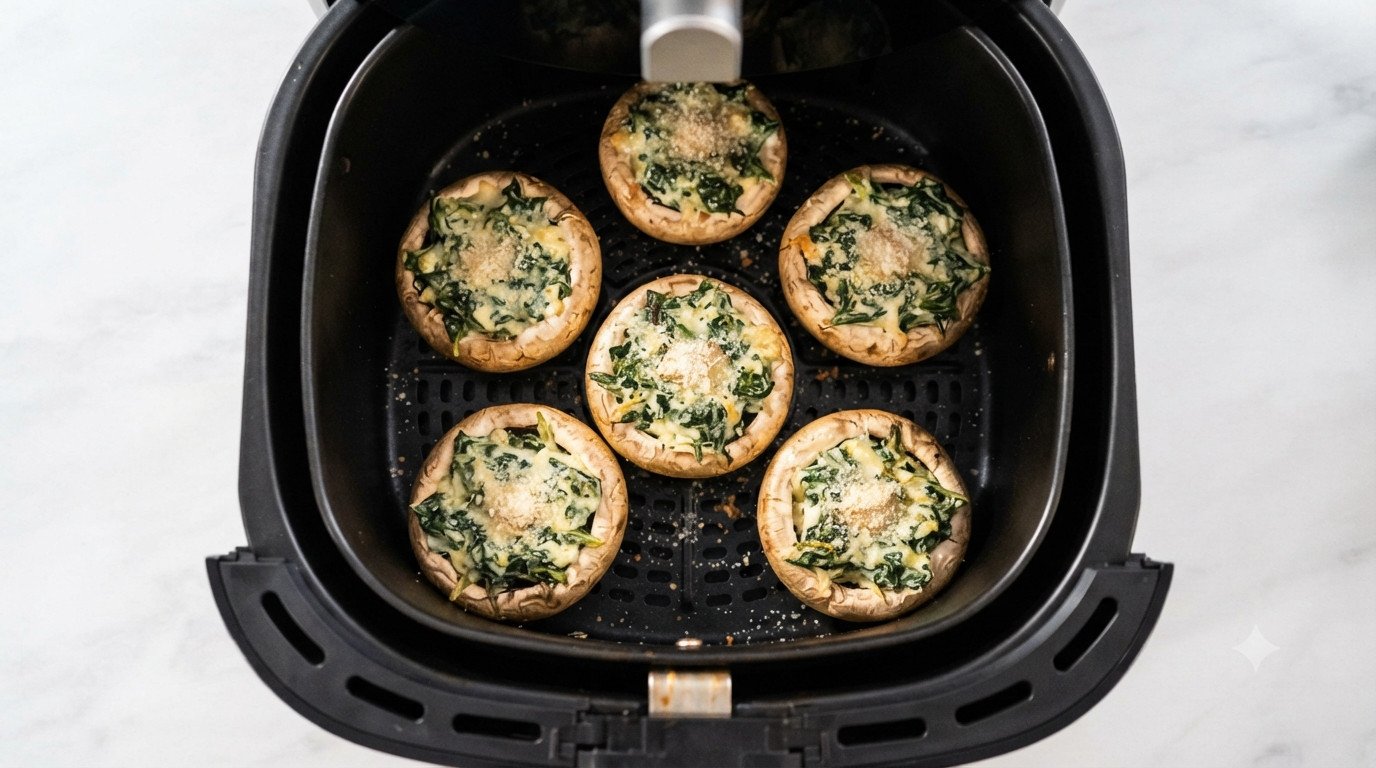 Champiñones Portobello rellenos dorados listos en la cesta de la freidora de aire