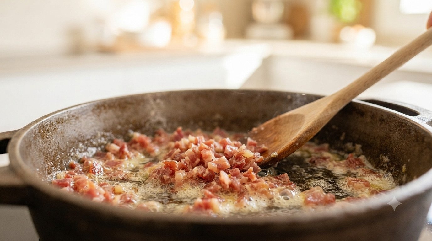 Jamón picado sofriéndose en mantequilla en una cazuela