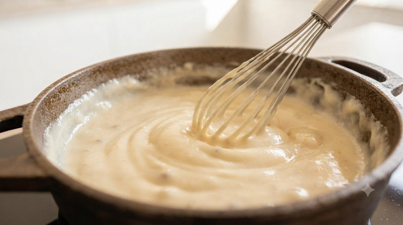 Bechamel espesa con jamón siendo removida en una cazuela