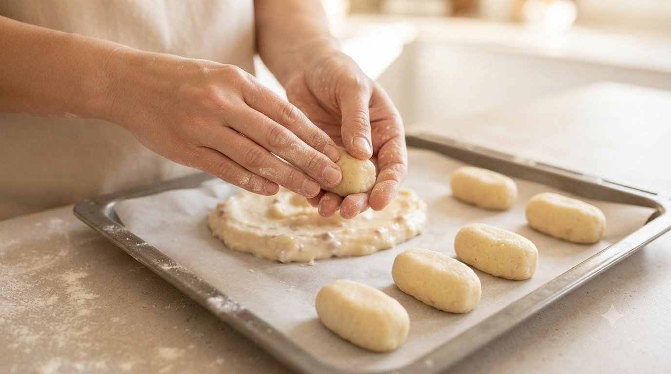 Manos dando forma a las croquetas con la masa fría