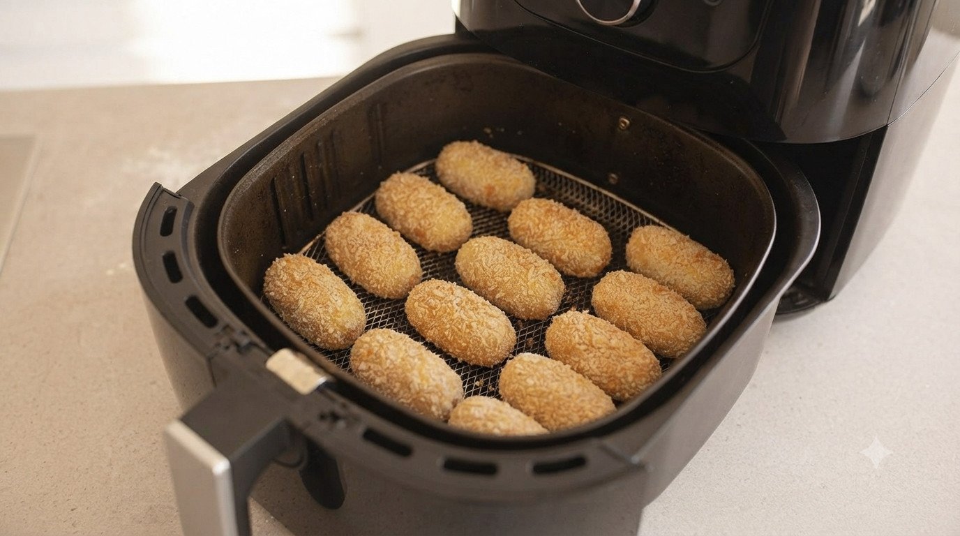 Croquetas de jamón doradas listas en la cesta de la freidora de aire