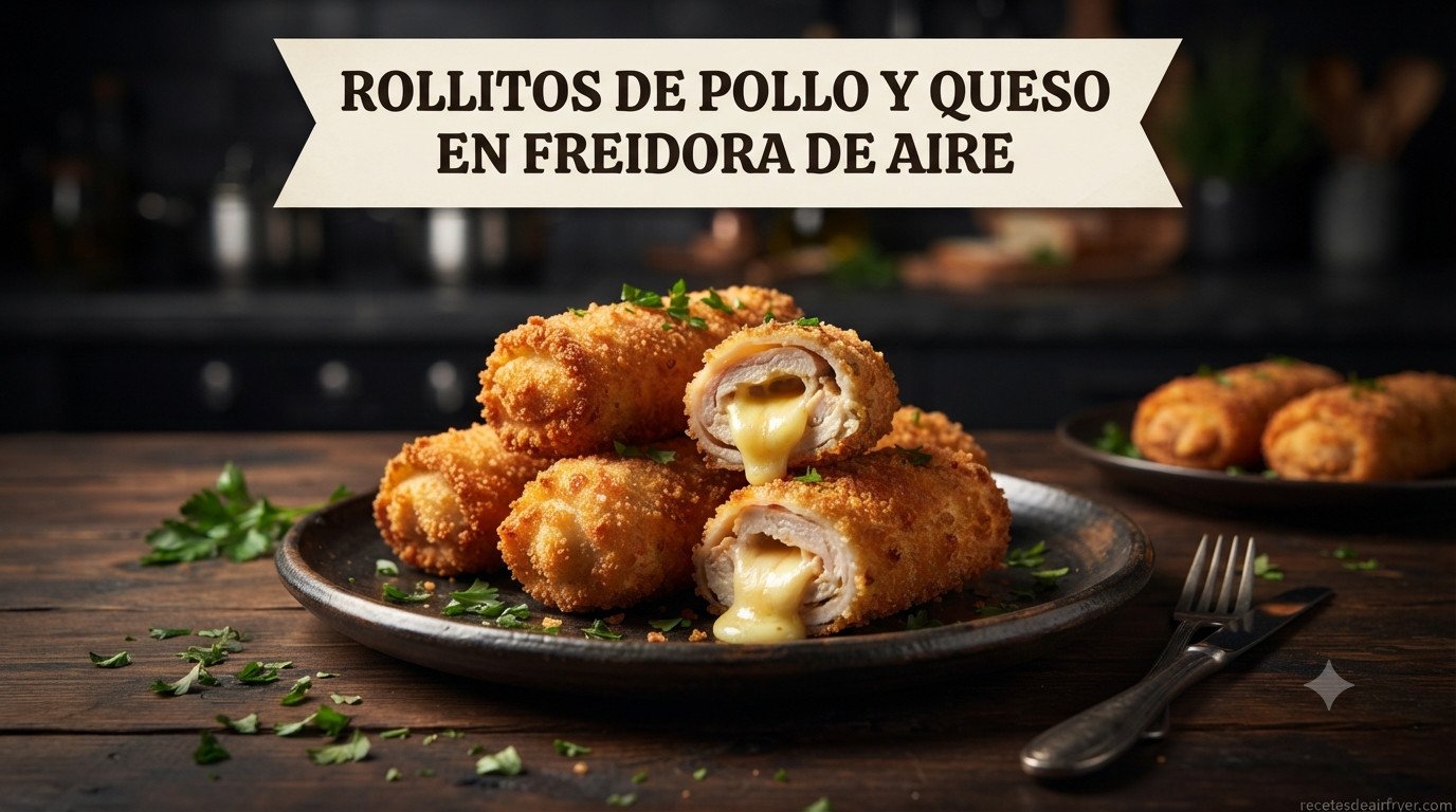 Rollitos de pollo y queso en freidora de aire dorados y jugosos