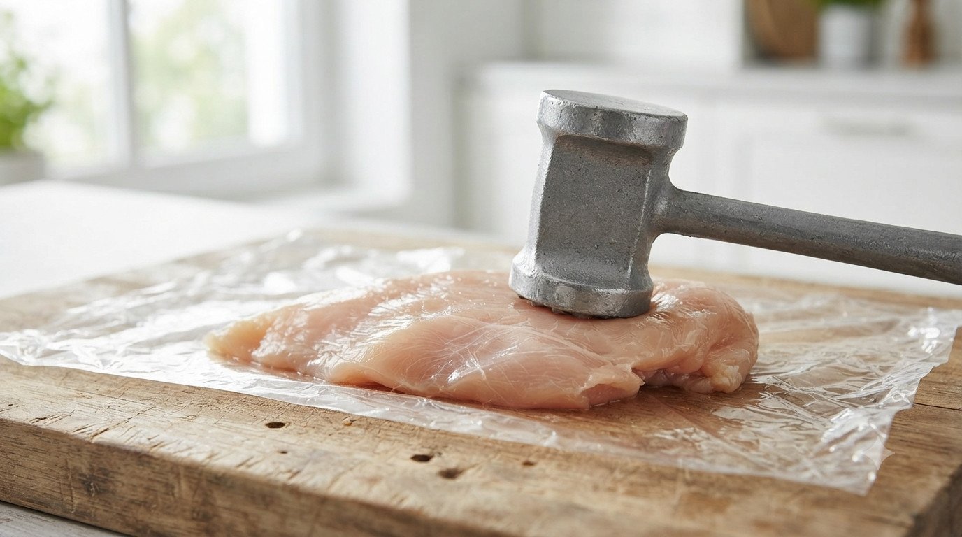 Filete de pollo siendo aplanado con un mazo entre dos hojas de film