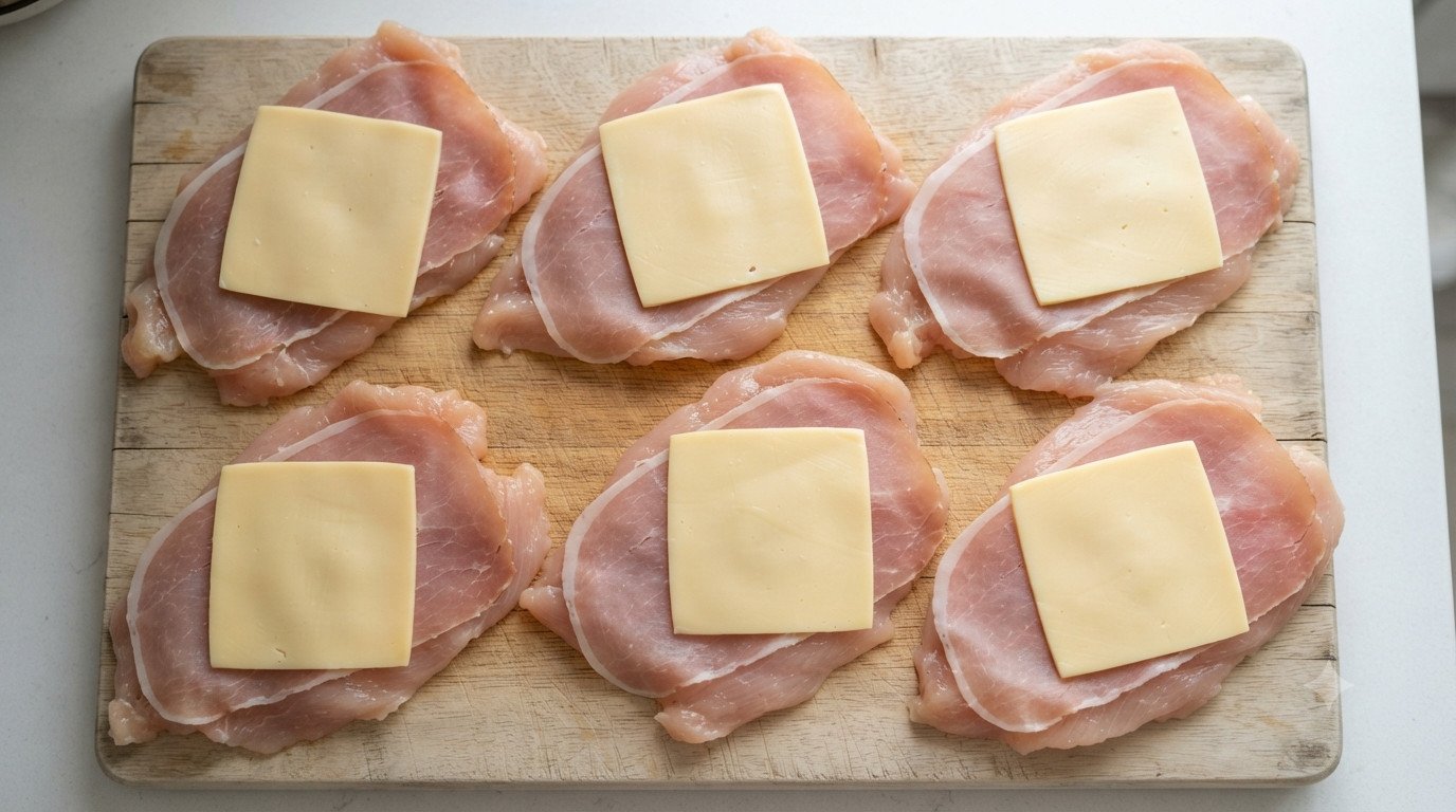 Filetes de pollo extendidos con jamón y queso encima