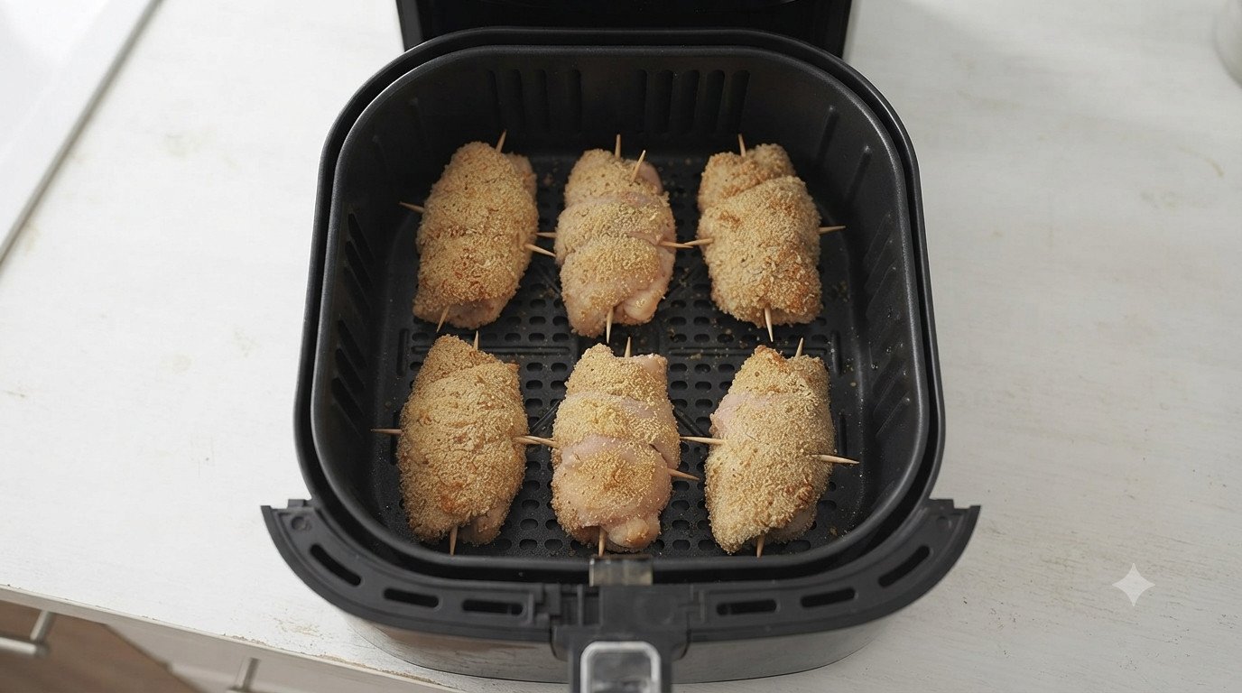 Rollitos de pollo y queso dorados listos en la cesta de la freidora de aire